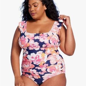 Pink and Orange TUMMY CONTROL One Piece Swimsuit with Ruffled Cap Sleeves